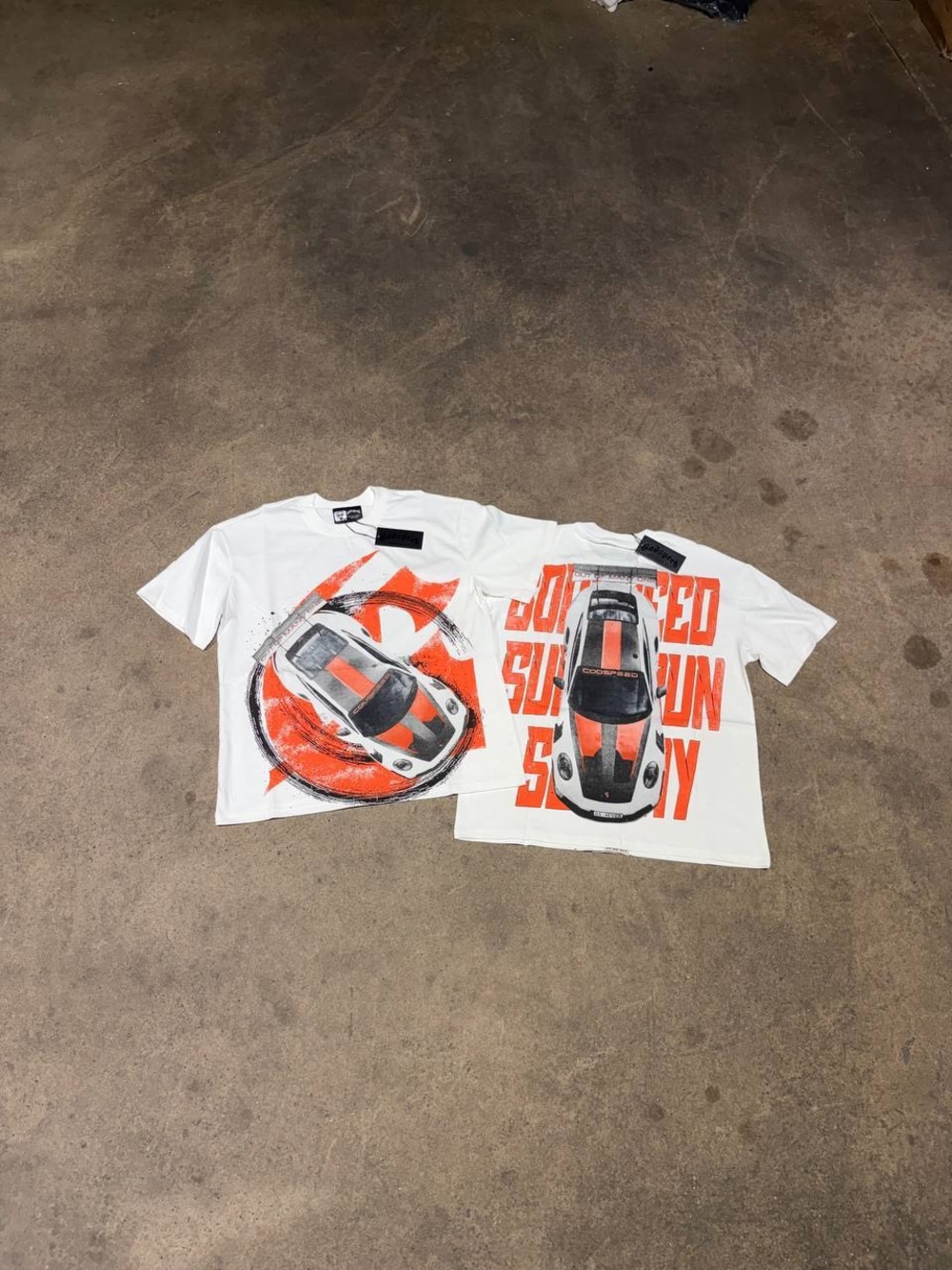 White Short Sleeve Graphic Tee with Orange Car Print